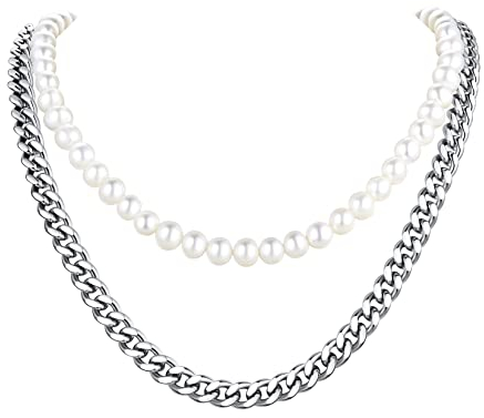U7 Herren Perlenkette Edelstahl Panzerkette + Süßwasser-Zuchtperlen Zweireihige Halskette trendige Doppelhalskette Kette Party Modeschmuck Accessoire für Damen Mädchen Vater 02: Weiß-Silber