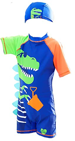 NautySaurs Costume da bagno per ragazzi 2-11 anni, intero, con stampa di dinosauro e squalo, costume da bagno per bambini, con cuffia da bagno, 9-11 anni