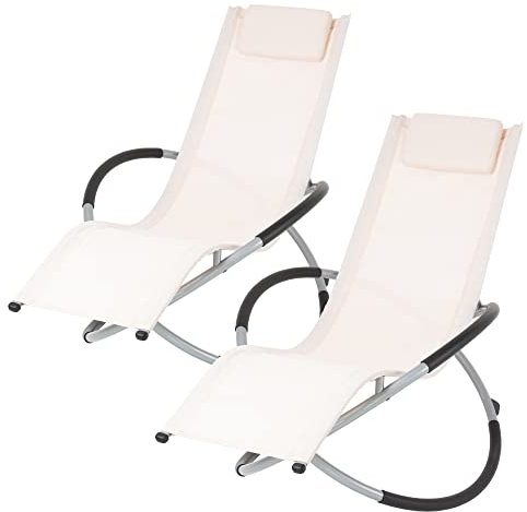 ECD Germany Schaukelliege 2er Set klappbar Creme mit Kopfstütze, Stahlrahmen, wetterfest, atmungsaktiv, Relaxsessel Sonnenliege Gartenliege Liegestuhl Relaxliege Schwingliege Liege für Garten/Terrasse
