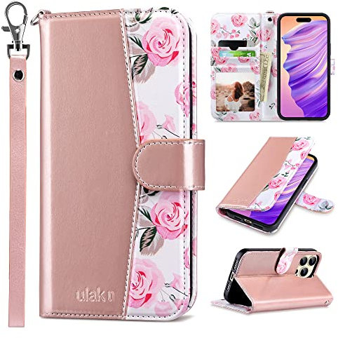 ULAK for iPhone 14 Pro Max Case Wallet, Flip Case with Card Holder PU Leather + TPU Bumper Stand Cover Kickstand Full Protective Phone Case for iPhone 14 Pro Max 6.7 inch - Rose Gold