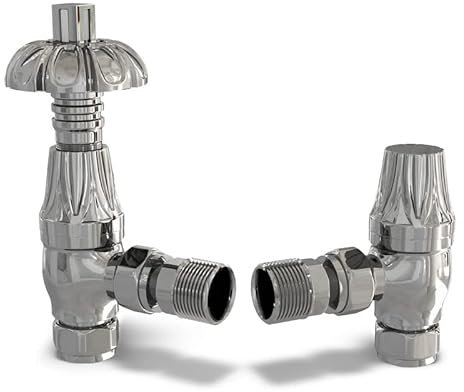 UK Radiators Chrome Thermostatic Radiator Valve and Angled Lockshield Valve - Polished Chrome Finish - Traditional Design 1/2 x 15mm Metal Head