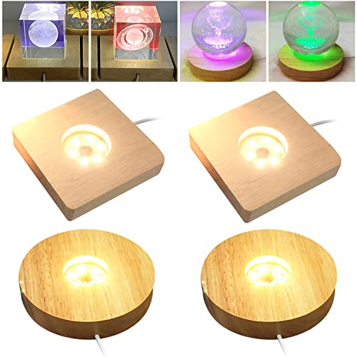 Led Sockel für Acrylglas, 4 Stück Led Ständer, Led Holzsockel Platte für Glasblock, Kristalle, Lensball, Glas, Harz, Kunst, Quadratisch und Rund Led-lichtsockel, Mehrere Beleuchtet Led Leuchtsockel