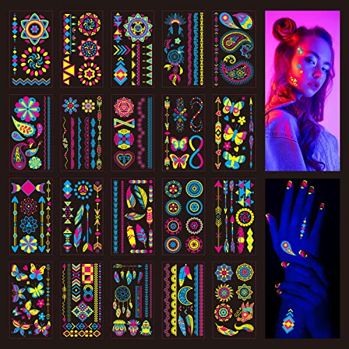 Sugeru 20 groß Blätter Neon gesichtstattoo(176 Muster),klebetattoos erwachsene,glitzer neon party outfit,farbe tattoo gesicht,schwarzlicht schminke,UV Body & Face Painting - Natürliche Sojatinte