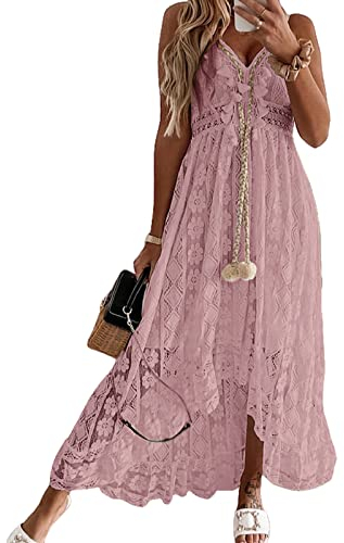 CUPSHE Robe d'été pour Femme Boho Maxi à Lacets avec Pompon col en V évasé à Volants Robes de Plage Rose L