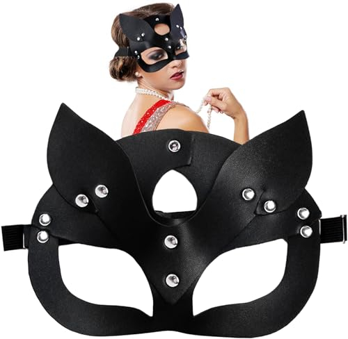 FUKPO Schwarze cat girl woman Maske, Maske Leder Katze Frauen Kostüm Accessoires Damen Katzen Masken Cosplay, cat girl woman Sexy Katzenmaske für Halloween Party Karneval Valentinstag