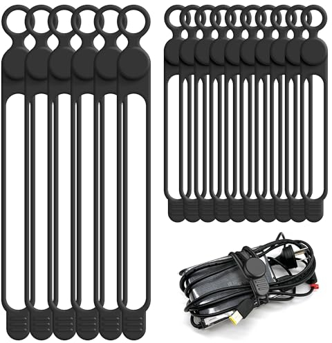 Nearockle 16 Stück Silikon Wiederverwendbare Kabelbinder, Wiederverschließbar Kabelmanagement für Handy Ladegerät, Kabel Organizer Set für Zuhause, Büro, Küche 10.7cm und 18cm(Schwarz)