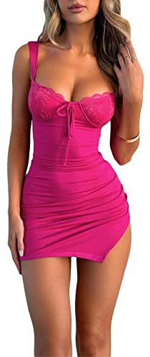 Siyova Femme Robe Sexy Sans Manches Moulante Mini Robe Bodycon en Dentelle Robe d'Été Courte Femmes Robe de Cocktail pour Party Club Plage, Rose rouge., L