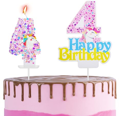 Unicorn 4th Birthday Cake Topper with Number Candle 4 Unicorn Candles Cake Decorations for Girls,Happy 4th Birthday Unicorn Theme Party Candles Cake Cupcake Topper for Boys Girls 4th Birthday