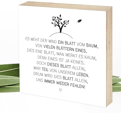 Wunderpixel® Holzbild Blatt vom Baum - Andenken an Verstorbene - 15x15x2cm zum Hinstellen/Aufhängen, echter Fotodruck mit Spruch auf Holz - Wand-Bild Aufsteller - zur Erinnerung als Trost-spender