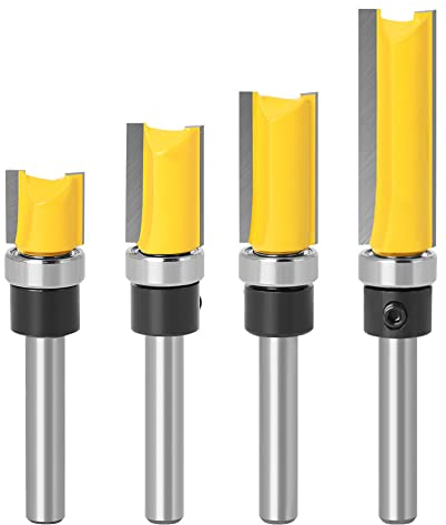 Bohaner 4 pezzi 1/4 di pollice Shank Flush Trim Pattern Fresa per Legno Router Bit Set Professionale Dritto Flush Trim Tools Lavorazione Del Legno Modello Router Cutter con Cuscinetto Top Legno