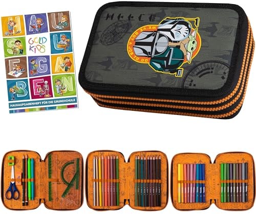 Goldkids - Federmäppchen 3 Fächer - Mäppchen für Mädchen und Jungen - Federmappe 3-Fach Federtasche Gefüllte Schüleretui 46-teilig - Schulmäppchen und Hausaufgabenheft - Mandalorian Motiv