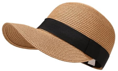 WSLCN Femme Casquette Visière en Paille Large Bord Chapeau de Soleil Plage Anti-UV Casquettes de Baseball Kaki