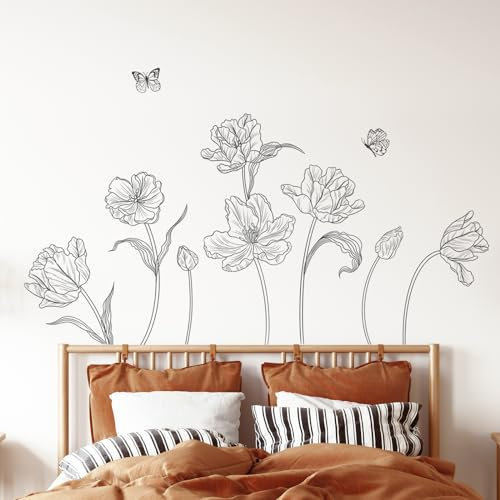 Decvictor Wandtattoo Skizze Blumen Wandsticker Einfache Schwarze Linie Floral Wandaufkleber Wohnzimmer Schlafzimmer Gang Büro Sofa Hintergrund Wanddeko