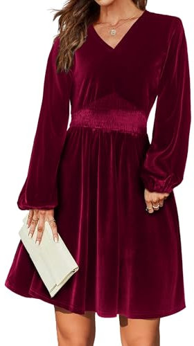 Zeagoo Abito da Donna in Velluto con Scollo A V Abito da Festa Abito da Cocktail Elegante Abito da Ballo A Maniche Lunghe Vino Rosso L