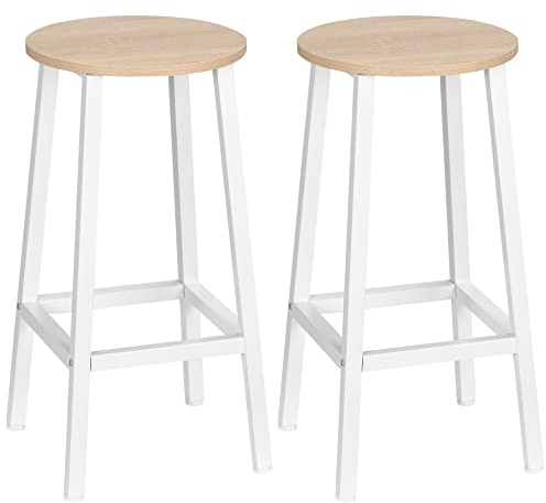 HOMCOM Juego de 2 Taburetes Altos de Cocina Altura 65 cm Taburetes de Bar Sillas de Bar con Patas de Acero y Reposapiés para Salón Comedor Bar Carga 75 kg Madera Natural y Blanco