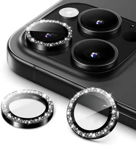 JETech Pellicola Fotocamera per iPhone 16 Pro 6,3 Pollici e iPhone 16 Pro Max 6,9 Pollici, Glitter Scintillant 9H Vetro Temperato Anello Metallico Individuale Cover, HD Chiaro, 1 Set (Nero)