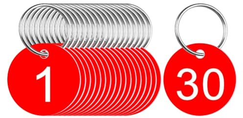 JIHUOO 30 Pcs 1-30 Plastic ID Number Tags Numbered Keychain Tags Round Number Key Rings Key Chain Number Tags Locker Name Tags Round Hole Hang Tags with Key Rings Red
