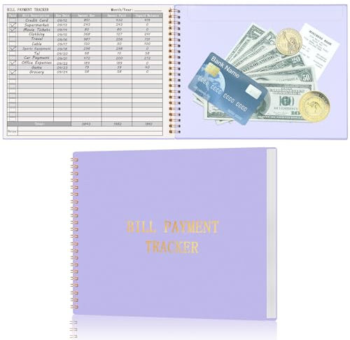 HAUTOCO Bill Tracker Notebook mensile per bilancio personale finanziario domestico con 2 tasche portaoggetti, lista di controllo dei pagamenti, organizer per bollette, 25,7 x 19,9 cm, viola