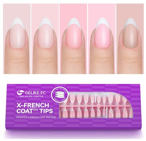 Gelike ec Press On Nails - Gel Faux Ongles à Coller Français de couverture Court en amande pour la qualité du salon, 4 Couleur Capsule Americaine Ongle 160pcs 12 sizes (français avec)