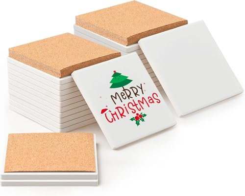 Set di 24 sottobicchieri quadrati in ceramica bianca, 10 x 10 cm, fai da te, piastrelle in ceramica grezze non smaltate con base in sughero, inchiostro imbevuto acrilico, mosaici, progetti di pittura
