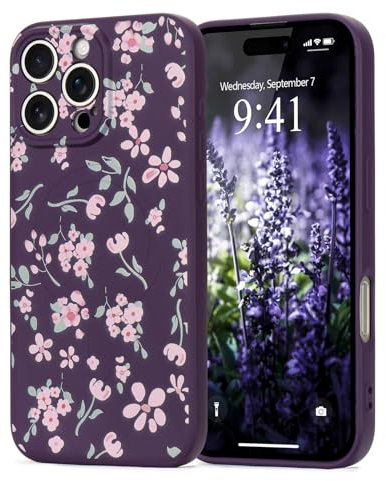 Wirvyuer Custodia magnetica per iPhone 16 Pro Cover con floreale motivo [Compatibile con MagSafe] Custodia antiurto silicone Cover per donne ragazze carina Case per iPhone 16 Pro Viola Scuro