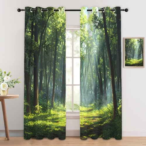 Luxfieo Grüner Wald Vorhänge Wald Natur Landschaft Vorhang Blickdicht Gardinen Verdunklungsvorhänge mit Ösen Thermovorhang für Wohnzimmer Schlafzimmer Fenster Deko 2er Set H 220 x B 140 cm