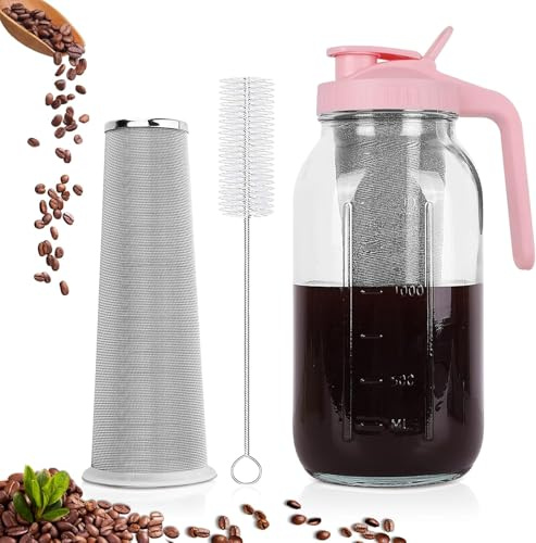 Xummi Cold Brew Kaffeebereiter, 1.8L Cold Brew Coffee Maker, Deckel mit Griff und Edelstahlfilter, Kaffeebereiter für kaltgebrühten Kaffee und Tee (Rosa)