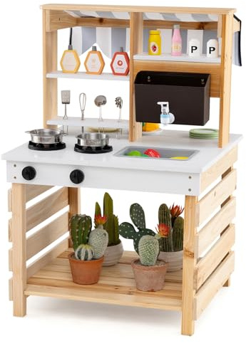 HOMASIS Cocina Infantil de Barro, Cocina de Juguete de Madera de Abeto con Fregadero, Cocina de Juegos de Doble Cara con Techo y 6 Accesorios, Cocina Exterior para niños 3+ años, 58x56x87cm (Natural)