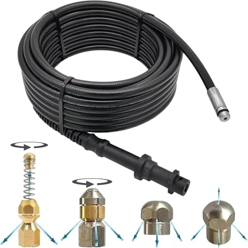 M&M Smartek Rohrreinigungsschlauch 50m für Kärcher K2-K7, 4 Düsen | Bajonettanschluss für Kärcher K2-K7; Rotor-, Spiral-, Raketen- und Bohrstrahldüse, flexibler Schlauch bis 200 bar im Set.