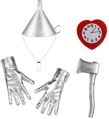inhzoy Silver Tin Man Costume Set Funnel Hat with Heart Brooch Axe Prop Clock Gloves for Cosplay Accessory Items