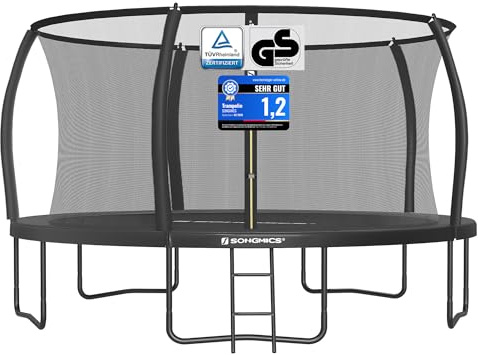 SONGMICS Trampolin 427 cm d, Gartentrampolin für Kinder mit Sicherheitsnetz, 180 cm hohe Gebogene Stangen, Randabdeckung, Leiter, Stahlrahmen, schwarz STR142BZ01