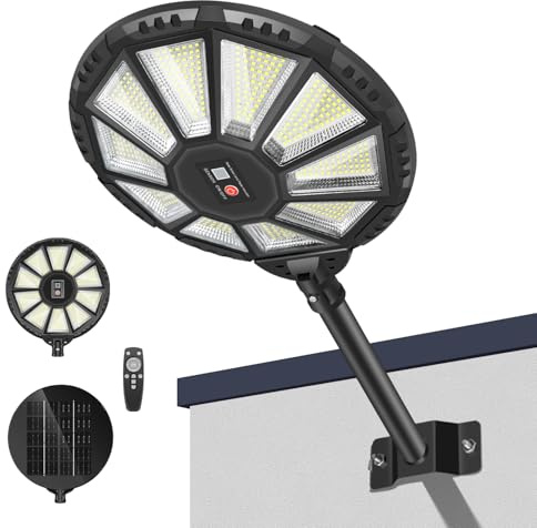BlueYu Solarlampen für Außen mit Bewegungsmelder, 590 LED Solar Straßenlaterne mit Fernbedienung, 6500K 360°-Weitwinkelbeleuchtung IP66 wasserdicht für Straßen Garagen Parkplätze（1 Stück）