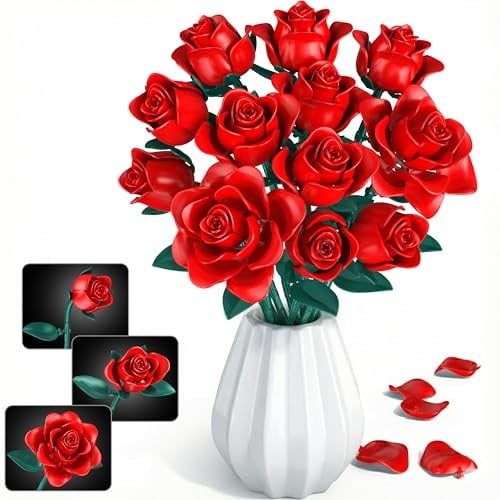 MOGZZi Kit de Construction Roses Rouges pour Adultes, 634 Pcs Bouquet de Fleurs Artificielles, 12 Styles Floewrs Décor, Cadeau pour Enfants Noël, Saint-Valentin pour Homme ou Femme, Fête des Mères
