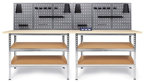 Ondis24 Werkstatt Set Uwe 240 cm mit 2 Werkbänken, 2 Lochwand-Sets, 22-TLG. Haken-Set und Steckdosenleiste – 120 cm Werkbank mit 25 mm Melaminplatte – Arbeitshöhe 92 cm