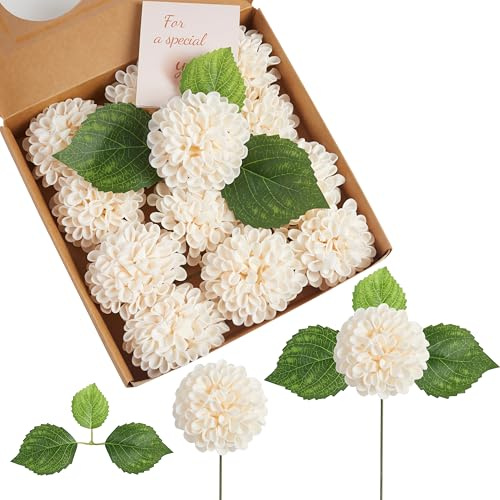 Sahoottie Champagner Künstliche Blumen 12 Stück Dahlien Kunstblumen wie Echt 7.5cm Schaum Hortensie Champagner Fake Blumen Deko für Vase Arrangements Centerpieces Hochzeits Zuhause Partytische