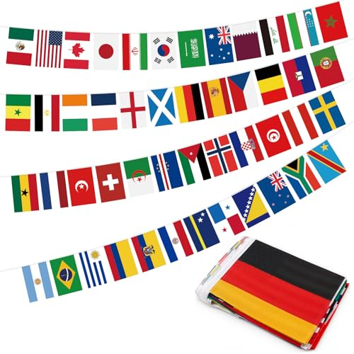 jijAcraft Flaggenkette für WM 2026 48 Länder: 2 x 15M Fußball Wimpelkette Wasserfest, Internationale Fussball Flaggen für Fanparty, Bar und Garten