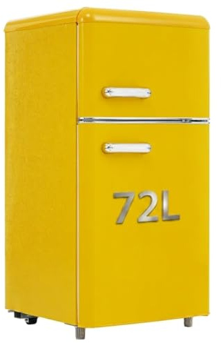 Lahoomu Retro-Kühlschrank, Doppeltür-Kühlschrank, 72 Liter(mit 21 Liter Gefriervolumen), 120 kWh/Jahr, LED-Licht, Gelb