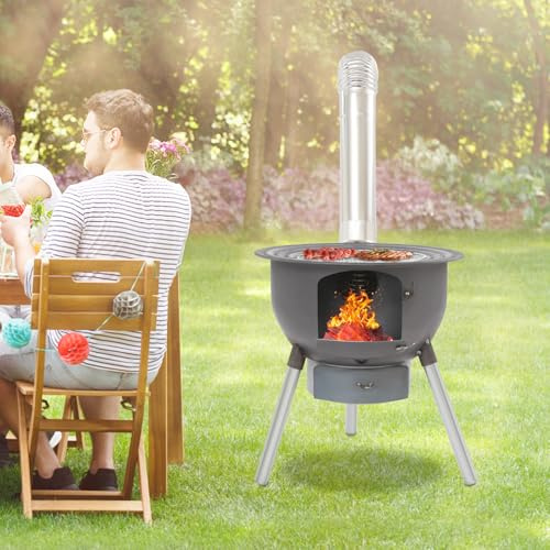 Estufa de terraza negra multifuncional con parrilla, 3 anillas de wok, chimenea de acero resistente para exteriores, para jardín, terraza, camping, bandeja recolectora de cenizas y gancho para fuego