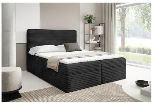 MEBLINI Boxspringbett mit Bettkasten - 120x200 - H4/Schwarz Cordstoff - Talia - Gepolstert Doppelbett mit Matratze und Topper - Polsterbett mit Stauraum - Bett mit Kopfteil - Stauraumbett