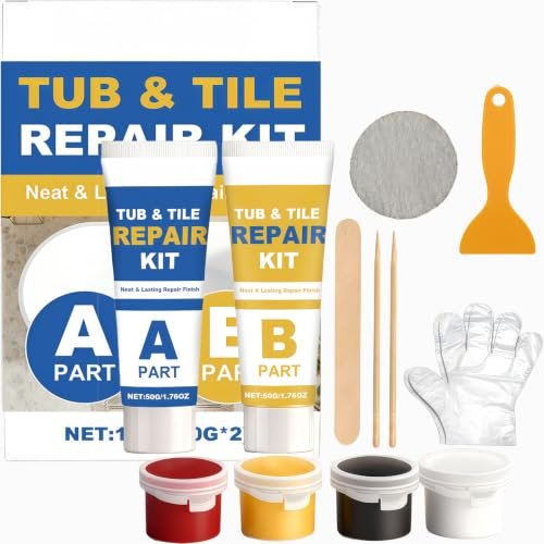Tile Repair Kit for Chips, Cracks, Scratches, Holes, (50g+50g) | Waterproof Tub, Sink, Shower Tray Fix，Adjustable Color, Fiberglass, Porcelain, Ceramic & Enamel Repair