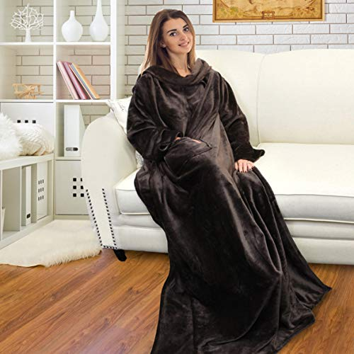 Catalonia Classy Decke mit Ärmeln als Geschenk für Frauen Herren, Flauschig Fleece Tragbare Kuscheldecke mit Ärmel, Cozy Warm Decke zum Anziehen Ärmeldecke Erwachsene, 185 x 130 cm Braun