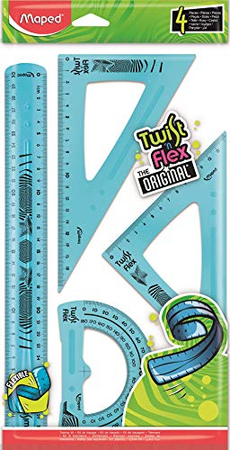 Maped - flexibles Zeichen-Set TWIST´n FLEX, 4-teilig: 1x Lineal 30 cm, 1x Zeichen-Dreieck 60°, 1x Zeichen-Dreieck 45°, 1x Winkelmesser - blau, grün, rosa