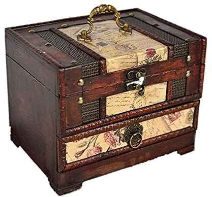 LEENY Retro Schmuckbox Hölzern Handgefertigt Schmuckkasten, Schmuckkoffer mit Schubladen Spiegel Schloss, Schmuck Schatullen Zubehör für Ringe, Armbanduhren, Ohrringe, Halsketten, Armbänder,B