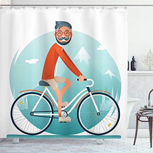 ABAKUHAUS Geek Rideau de Douche, Hipster Guy Cycliste, Tissu Ensemble de Décor de Salle de Bain avec Crochets, 175 cm x 240 cm, Multicolore