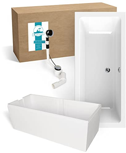 Calmwaters® Badewanne Komplettset 170x75 cm Modern Select, Acryl-Badewanne mit Wannenträger und Excenter-Ablaufgarnitur, Körperformbadewanne für Zwei, Rechteckbadewanne 170 x 75, Weiß, 99000157
