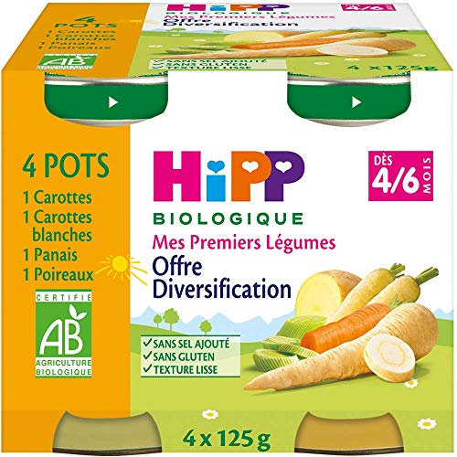 HiPP Biologique Offre diversification n° 2 Mes Premiers Légumes (Carottes, Carottes blanches, Panais, Poireaux) pots 4 x 125 g dès 4/6 mois