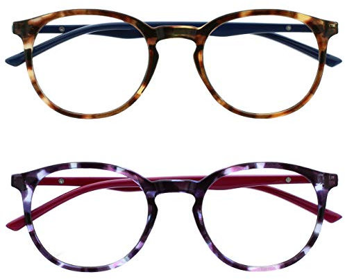 OPULIZE Met-Brille Blaulichtfilter 2er Pack Schlank Runder Rahmen Federscharniere Verbessert Schlaf Computerbrille Gaming Entspiegelt Braun Lila Herren Damen BB60-25 +0.00