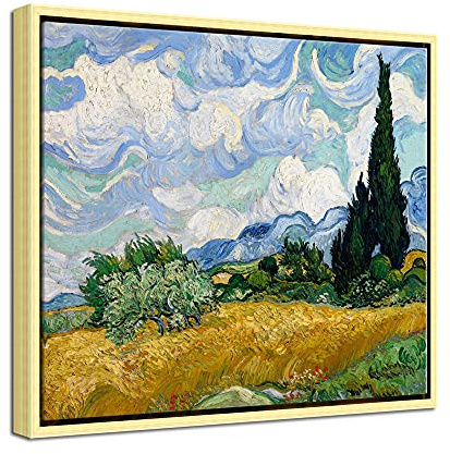Wieco Art Golden Framed Wall Art Canvas Prints of Wheat Field with Cypresses by Van Gogh Paintings Reproduction Abstract Artwork for Wall Decor