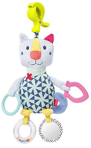 Fehn 055368 Activity-Katze mit Klemme COLOR Friends – Spielzeug zum Greifen und Entdecken für Babys und Kleinkinder ab 0+ Monaten – Fördert den Tastsinn – Größe: 30 cm