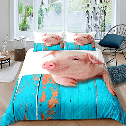 Tbrand Niedliche Schweinedruck Betten Set 3D Rosa Haustier Schwein Tier Bettwäsche Set 135x200cm für Kinder Blau Wood Grain Bettbezug Set Fleckenresistent 2St